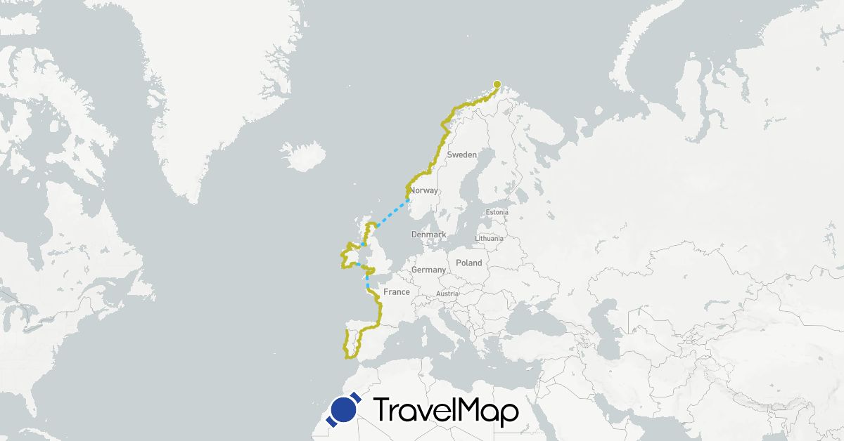 TravelMap itinerary: boat, eurovelo 1 in Spain, France, United Kingdom, Ireland, Norway, Portugal (Europe)