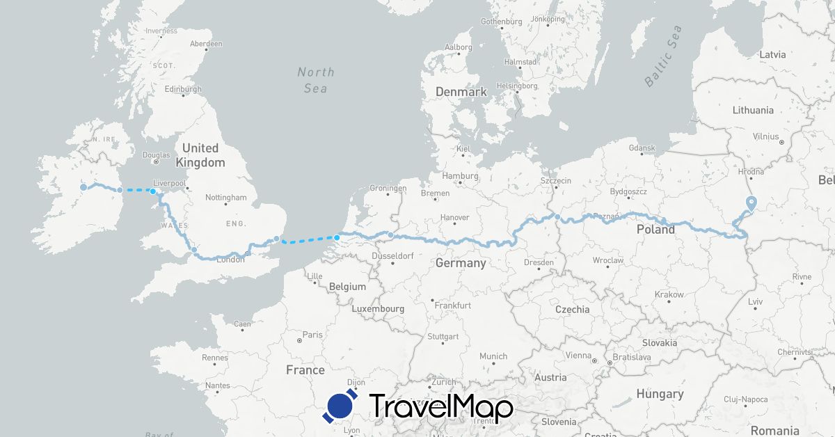 TravelMap itinerary: boat, eurovelo 2 in Germany, United Kingdom, Ireland, Netherlands, Poland (Europe)