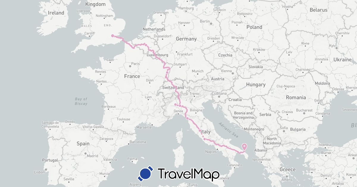 TravelMap itinerary: eurovelo 5 in Belgium, France, United Kingdom, Italy (Europe)