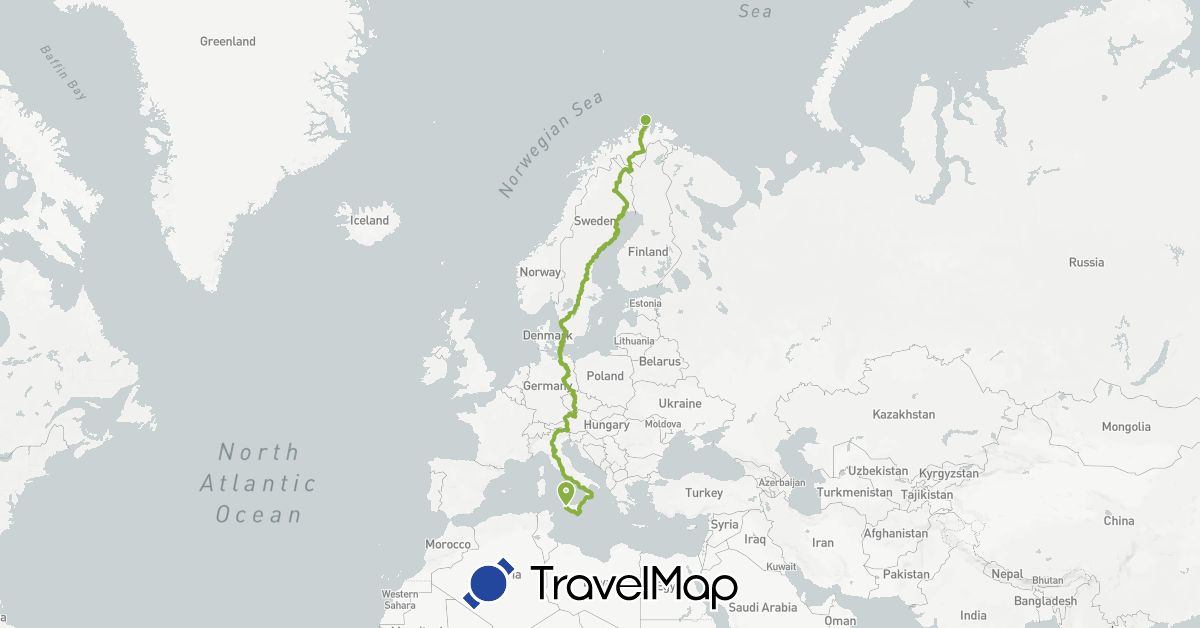 TravelMap itinerary: eurovelo 7 in Austria, Czech Republic, Germany, Italy, Norway, Sweden (Europe)