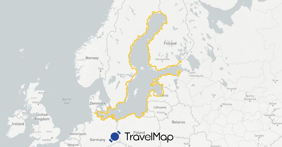 TravelMap itinerary: eurovelo 10 in Germany, Denmark, Estonia, Finland, Latvia, Poland, Sweden (Europe)