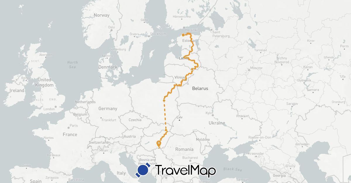 TravelMap itinerary: eurovelo 11 in Estonia, Hungary, Latvia, Poland (Europe)