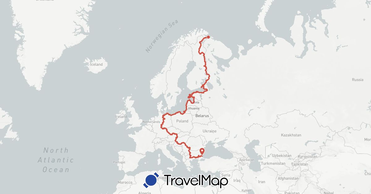 TravelMap itinerary: eurovelo 13 in Austria, Bulgaria, Czech Republic, Germany, Finland, Latvia, Norway, Poland, Serbia, Russia (Europe)